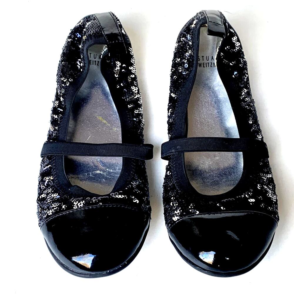 Stuart Weitzman Black Claire Sequin Patent Ballet Flats Mary Jane Elastic Size 4